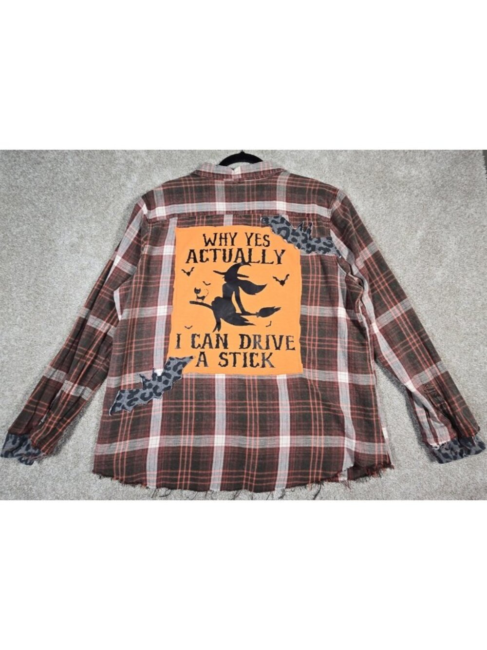OOAK Upcycled Flannel Shirt Witch Humor XXL Halloween Bats Graphic Wearable Art